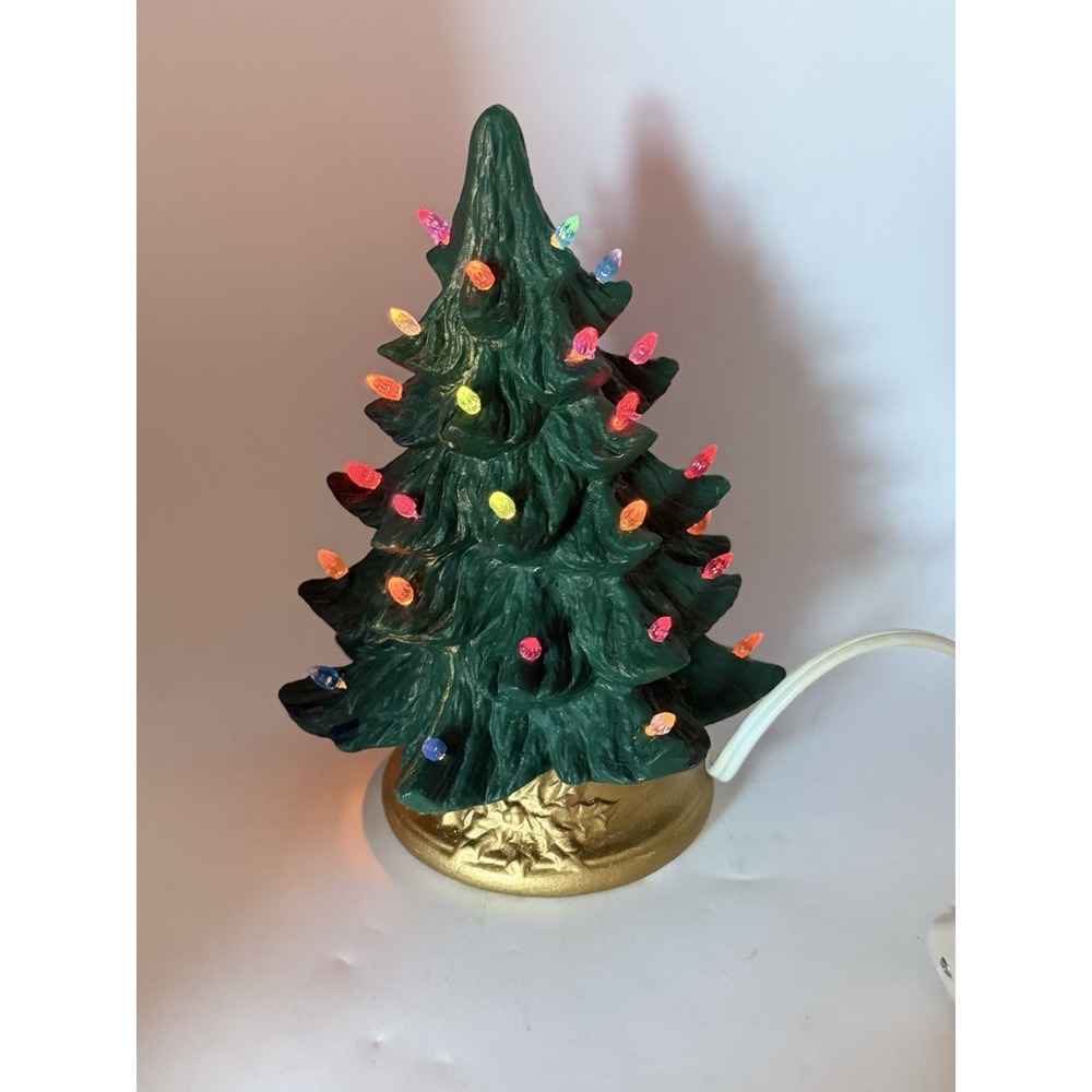 Vintage Ceramic Christmas Tree Lighted 7" Tabletop Green Gold Base Multicolor